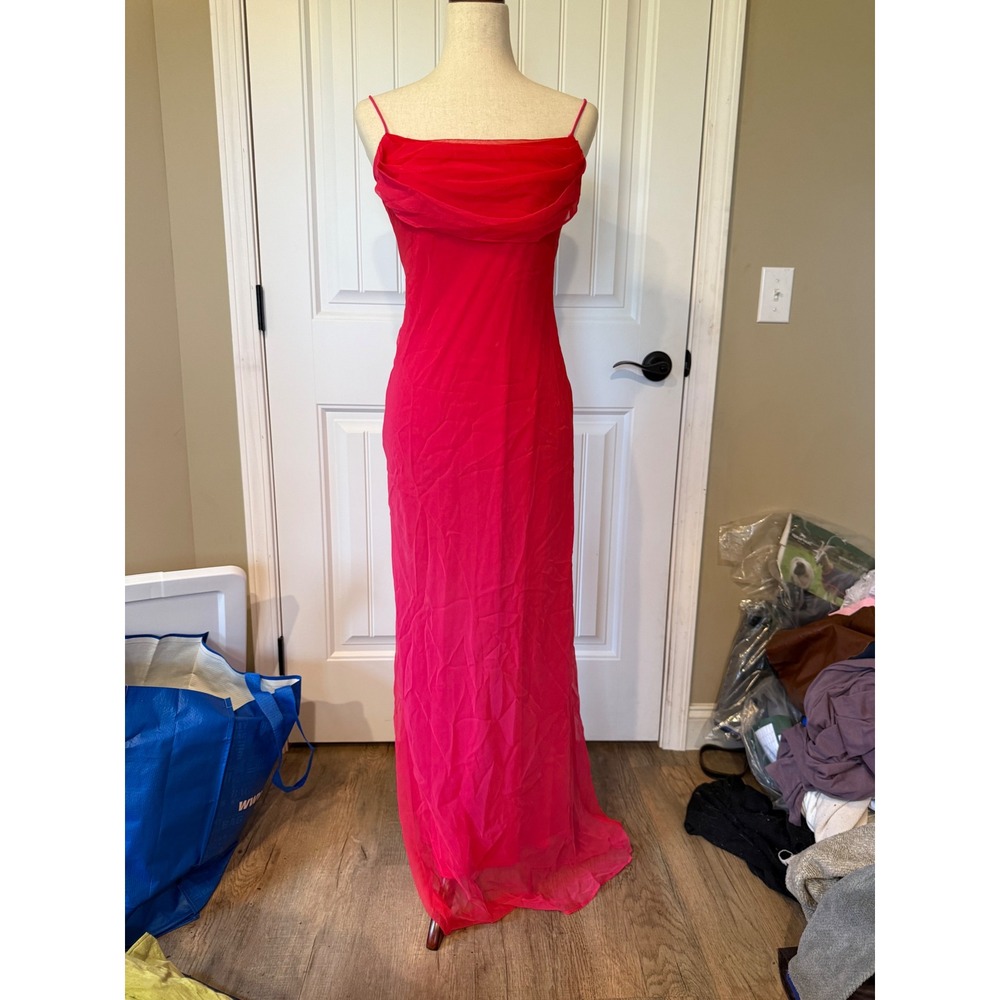 Vintage Cache Hot Pink Cowl Neck Formal Maxi Dress Spaghetti Strap Gown Size 6